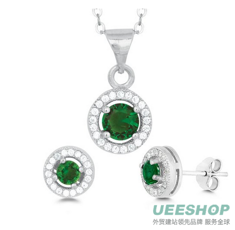 Sterling Silver Micro Pave CZ Halo Stud Earrings and Pendant Set with 18&quot; Chain