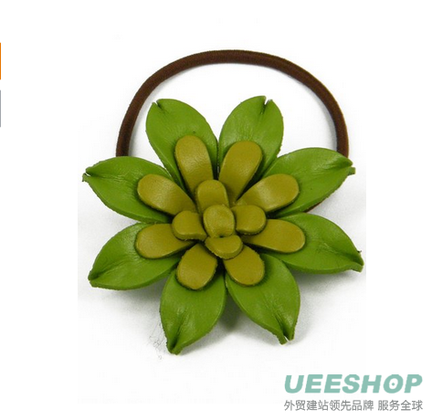 Green Leather Gerbera Floral, Flower Ponytail Holder, Hair Tie, Bow 2.25" cab3
