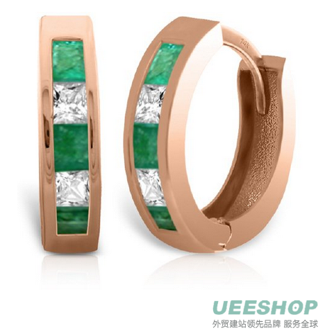 Gold Natural Emerald and White Topaz Hoop Huggie Earrings