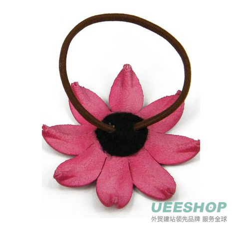 Pink Leather Gerbera Floral, Flower Ponytail Holder, Hair Tie, Bow 2.25" cab3