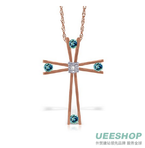 14K Rose Gold Cross with Natural Diamond and Blue Topaz Necklace