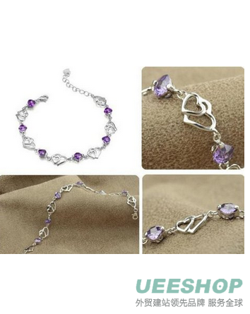 Outop 925 Sterling Silver Bracelet Double Purple Heart Crystal Bangle Bracelet