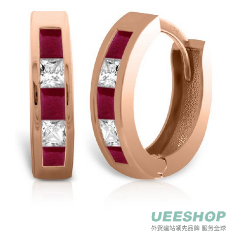 14k Gold Natural Ruby and White Topaz Hoop Huggie Earrings