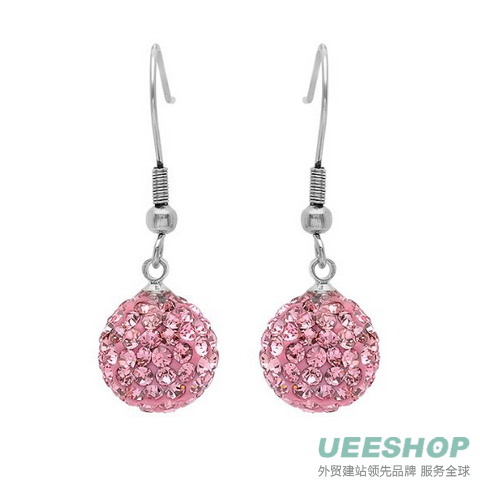 Ladies Pave Pink Crystal Disco Ball Dangle Earrings (12mm)