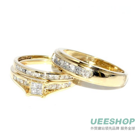 His and Her Rings Trio Set Princess Cut Diamond 0.75ctw 10k Yellow Gold Mens Womens Rings