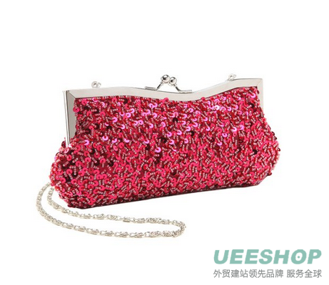 Dazzling Hand Sequined Baguette Style Evening Clutch Purse w/ Detachable Chains