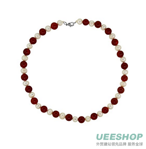 Genuine Freshwater White Pearl & Red Agate Necklace Bracelet & Earring Set 10mm