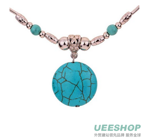 Yazilind Ethnic Tibetan Silver Chain Green Round Rimous Turquoise Pendant Necklace