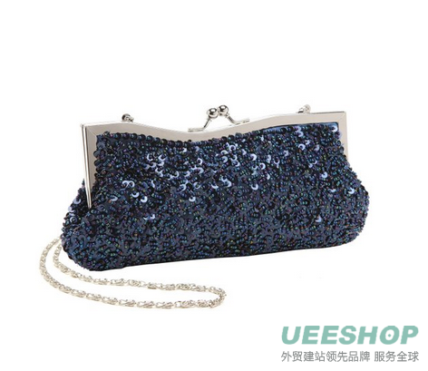 Dazzling Hand Sequined Baguette Style Evening Clutch Purse w/ Detachable Chains