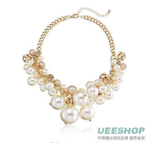 Gold-Tone, Chunky Faux Pearl, and Crystal Statement Necklace, 16.5