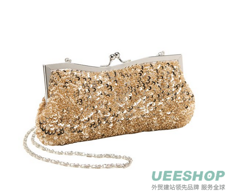 Dazzling Hand Sequined Baguette Style Evening Clutch Purse w/ Detachable Chains