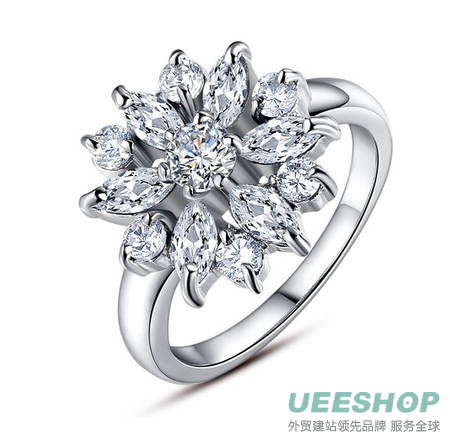 Bamoer Women Silver Flower Rings 18K Round White Gold Plated Brass Finger Ring CZ Jewelry