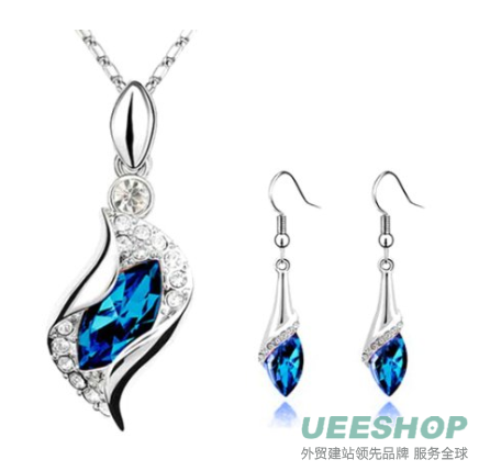 Sapphire Blue Long Teardrop Swarovski Element Set Austria Crystal Fashion Earrings Pendant Necklace FREE Organza Pouch Bag by Small Goby